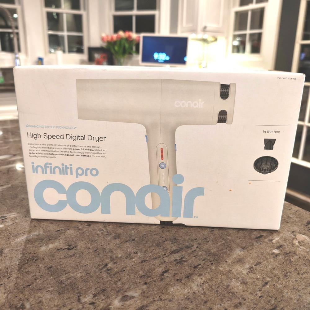 Conair InfinitiPro High-Speed Digital Hair Dryer White Ionic Frizz Defense Box